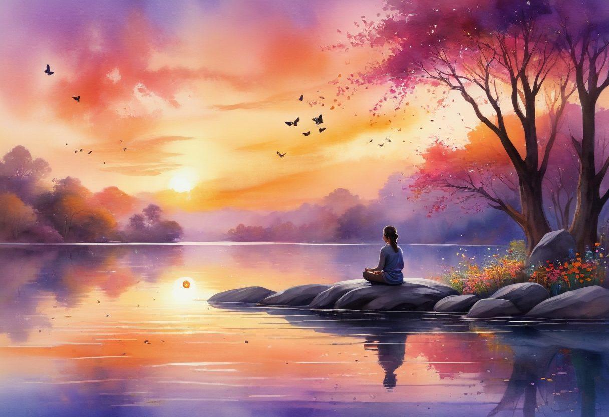 A serene landscape showcasing a sunset over a tranquil lake, with a silhouette of a person meditating on a rock at the water's edge. Surround the scene with blooming flowers and fluttering butterflies, symbolizing joy and bliss. Soft rays of sunlight filtering through the trees add warmth to the composition. Ethereal touches of whimsy, such as floating lanterns, create a magical atmosphere. watercolor painting. vibrant colors.