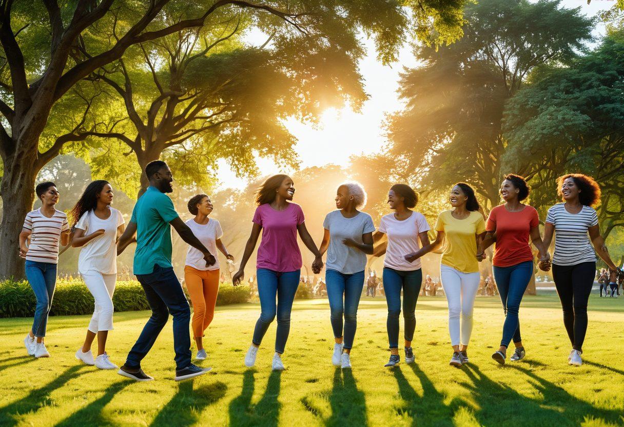 A vibrant sunrise illuminating a diverse group of cheerful people engaging in joyful activities, such as dancing, laughing, and sharing moments of happiness in a lush green park. The scene should radiate positivity and energy, symbolizing personal growth and thriving life. Use bright colors to convey warmth and elation. super-realistic. vibrant colors. nature background.
