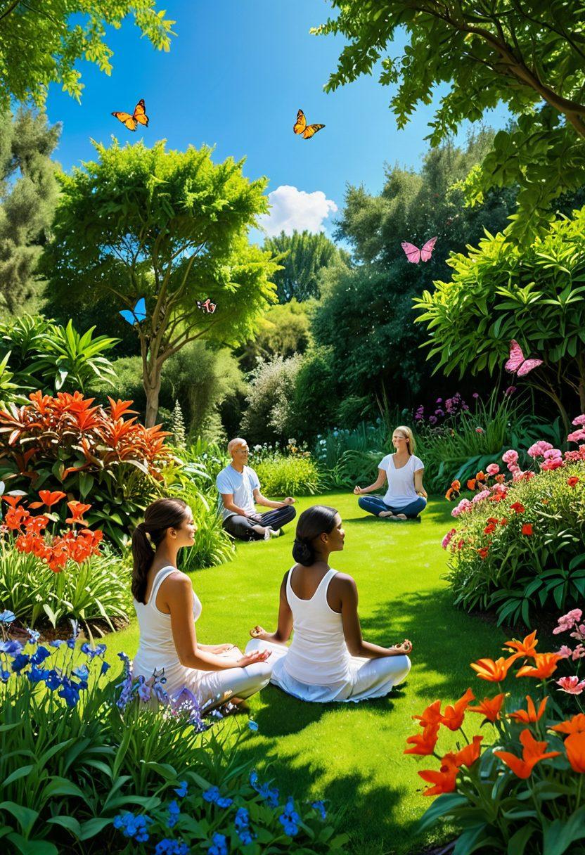 A serene landscape featuring a group of diverse individuals joyfully engaging in various activities like meditation, gardening, and laughing together under a clear blue sky. Lush greenery surrounds them, symbolizing growth and happiness. Include subtle elements like butterflies and blooming flowers to represent transformation and joy in everyday moments. soft-focus effect. vibrant colors. nature-inspired art.